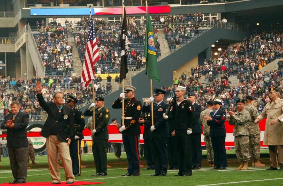 The U.S. Military Sea Hawker Color Guard prepares to present colors after a recognition ceremony for congressional Medal of Honor veterans Col. Joe M. Jackson, left, and Maj. Gen. Patrick H. Brady at the Seattle's Qwest Field during the Seahawks annual Military Appreciation Day celebration. The U.S. Military Sea Hawker Color Guard prepares to present colors after a recognition ceremony for congressional Medal of Honor veterans Col. Joe M. Jackson, left, and Maj. Gen. Patrick H. Brady at the Seattle's Qwest Field during the Seahawks annual Military Appreciation Day celebration.